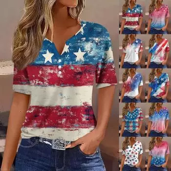 Женская модная повседневная футболка с принтом «День независимости» с V-образным вырезом и коротким рукавом, украшенная пуговицами S синий