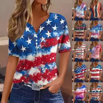 Женская модная повседневная футболка с принтом «День независимости» с V-образным вырезом и коротким рукавом, украшенная пуговицами S винный