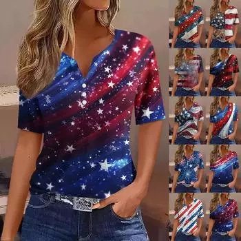 Женская модная повседневная футболка с принтом «День независимости» с V-образным вырезом и коротким рукавом, украшенная пуговицами M