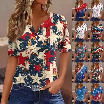 Женская модная повседневная футболка с принтом «День независимости» с V-образным вырезом и коротким рукавом, украшенная пуговицами S циан