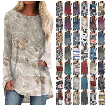 Женская модная повседневная футболка с принтом, длинный рукав, круглый вырез, средний длинный топ L хаки