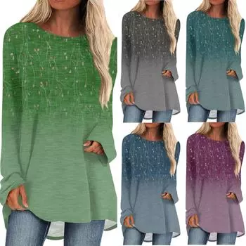 Женская модная повседневная футболка с принтом, длинный рукав, круглый вырез, средний длинный топ L синий