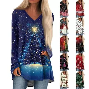 Женская модная повседневная футболка с принтом, длинный рукав, V-образный вырез, топ средней длины S синий