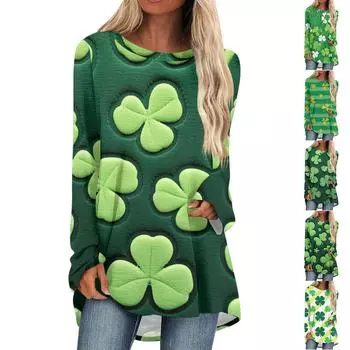 Женская модная повседневная футболка с принтом, длинный рукав, круглый вырез, средний длинный топ S