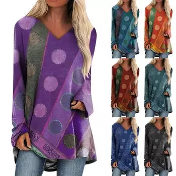 Женская модная повседневная футболка с принтом, длинный рукав, V-образный вырез, топ средней длины M