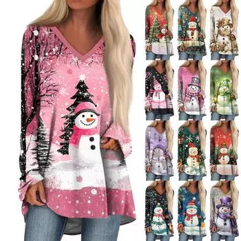 Женская модная повседневная футболка с принтом, длинный рукав, V-образный вырез, топ средней длины XXXL зелёный