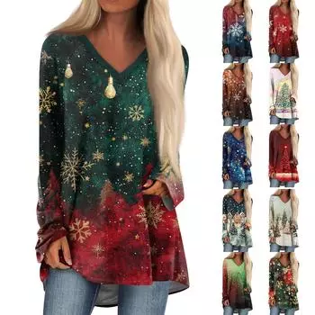 Женская модная повседневная футболка с принтом, длинный рукав, V-образный вырез, топ средней длины XXXL винный