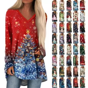 Женская модная повседневная футболка с принтом, длинный рукав, V-образный вырез, топ средней длины XL