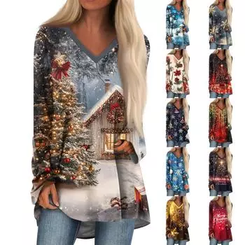 Женская модная повседневная футболка с принтом, длинный рукав, V-образный вырез, топ средней длины L синий
