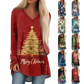 Женская модная повседневная футболка с принтом, длинный рукав, V-образный вырез, топ средней длины L синий