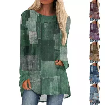 Женская модная повседневная футболка с принтом, длинный рукав, круглый вырез, средний длинный топ L синий