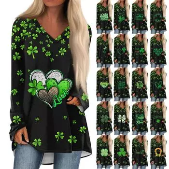 Женская модная повседневная футболка с принтом, длинный рукав, V-образный вырез, топ средней длины XXXL