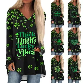 Женская модная повседневная футболка с принтом, длинный рукав, V-образный вырез, топ средней длины S чёрный
