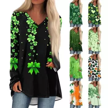 Женская модная повседневная футболка с принтом, длинный рукав, V-образный вырез, топ средней длины M зелёный