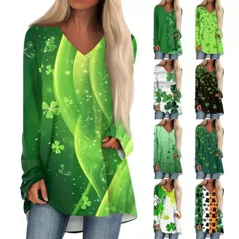 Женская модная повседневная футболка с принтом, длинный рукав, V-образный вырез, топ средней длины L