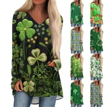 Женская модная повседневная футболка с принтом, длинный рукав, V-образный вырез, топ средней длины S белый