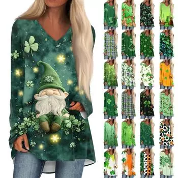 Женская модная повседневная футболка с принтом, длинный рукав, V-образный вырез, топ средней длины XXL оранжевый