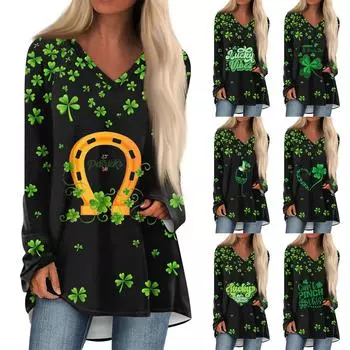 Женская модная повседневная футболка с принтом, длинный рукав, V-образный вырез, топ средней длины S чёрный