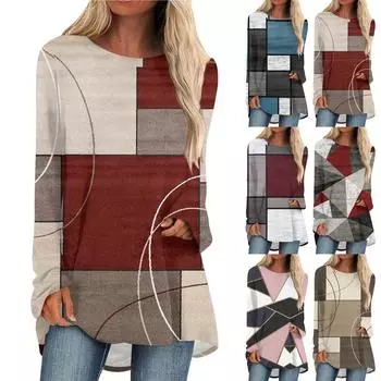 Женская модная повседневная футболка с принтом, длинный рукав, круглый вырез, средний длинный топ L хаки