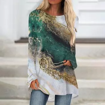 Женская модная повседневная футболка с принтом, длинным рукавом, круглым вырезом, средней длины XXXL