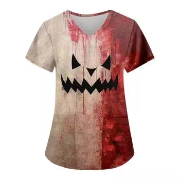 Женская модная повседневная футболка с принтом на Хэллоуин и карманом XXL бежевый