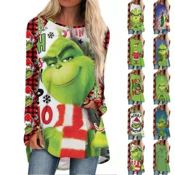 Женская модная повседневная футболка с принтом на плечах, длинным рукавом, круглым вырезом, средней длины L синий