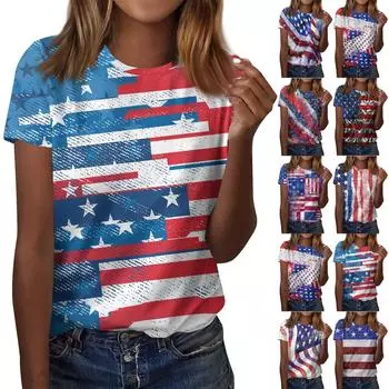 Женская модная повседневная футболка с принтом на День независимости и круглым вырезом, топ с короткими рукавами L синий