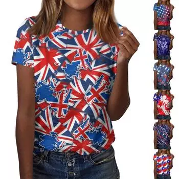 Женская модная повседневная футболка с принтом на День независимости и круглым вырезом, топ с короткими рукавами L синий