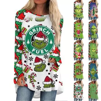 Женская модная повседневная футболка с принтом на плечах, длинным рукавом, круглым вырезом, средней длины XXL тёмно-синий