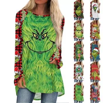 Женская модная повседневная футболка с принтом на плечах, длинным рукавом, круглым вырезом, средней длины L армия зеленый