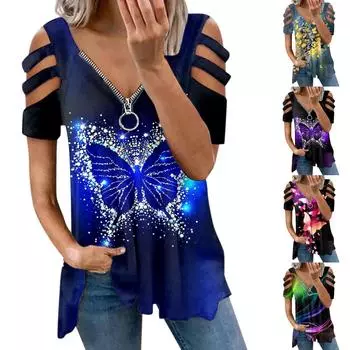 Женская модная повседневная футболка с принтом на молнии и коротким рукавом, топы, блузка XXL