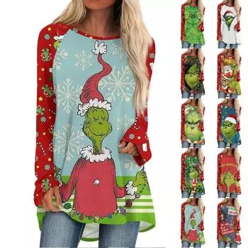 Женская модная повседневная футболка с принтом на плечах, длинным рукавом, круглым вырезом, средней длины M зелёный