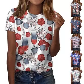 Женская модная повседневная футболка с принтом на День независимости и круглым вырезом, топ с короткими рукавами L синий