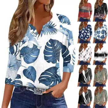 Женская модная повседневная футболка с принтом, рукав 7/10, застежка на пуговицы L армия зеленый