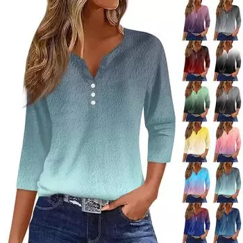 Женская модная повседневная футболка с принтом, рукав 7/10, застежка на пуговицы L чёрный