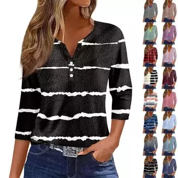 Женская модная повседневная футболка с принтом, рукав 7/10, застежка на пуговицы M