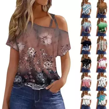 Женская модная повседневная футболка с принтом, сексуальная футболка с короткими рукавами и открытыми плечами, топ XXXL синий