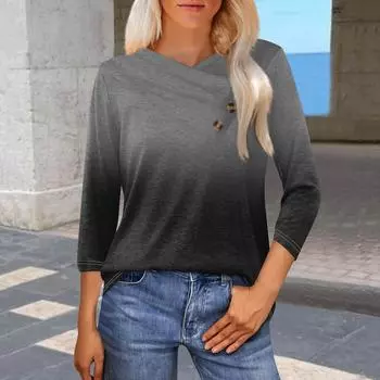 Женская модная повседневная футболка с принтом в виде градиента, рукавами-семиточками, V-образным вырезом и застежкой на пуговицы L чёрный