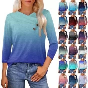 Женская модная повседневная футболка с принтом в виде градиента, рукавами-семиточками, V-образным вырезом и застежкой на пуговицы L чёрный