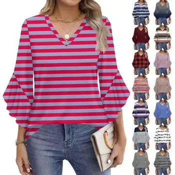 Женская модная повседневная футболка с принтом в полоску и рукавом «семь минут», V-образный вырез, расклешенные рукава S винный