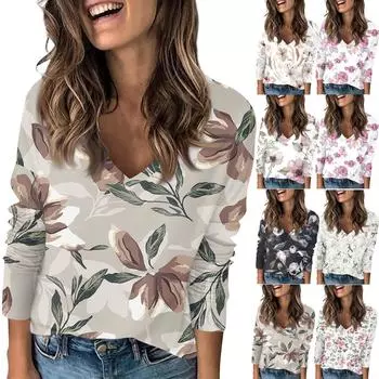 Женская модная повседневная футболка с принтом весенних цветов и V-образным вырезом, заниженной линией плеч, длинным рукавом L бежевый
