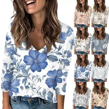 Женская модная повседневная футболка с принтом весенних цветов и V-образным вырезом, заниженной линией плеч, длинным рукавом L бежевый