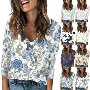 Женская модная повседневная футболка с принтом весенних цветов и V-образным вырезом, заниженной линией плеч, длинным рукавом L бежевый