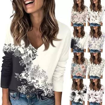 Женская модная повседневная футболка с принтом весенних цветов и V-образным вырезом, заниженной линией плеч, длинным рукавом L бежевый