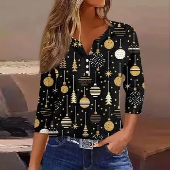 Женская модная повседневная футболка с пуговицами, V-образным вырезом, семью рукавами и рождественским принтом L