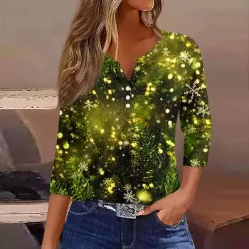 Женская модная повседневная футболка с пуговицами, V-образным вырезом, семью рукавами и рождественским принтом M