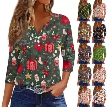 Женская модная повседневная футболка с пуговицами, V-образным вырезом, семью рукавами и рождественским принтом XXL красный