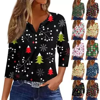 Женская модная повседневная футболка с пуговицами, V-образным вырезом, семью рукавами и рождественским принтом L