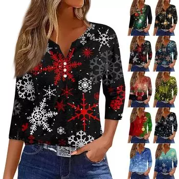 Женская модная повседневная футболка с пуговицами, V-образным вырезом, семью рукавами и рождественским принтом XXXL