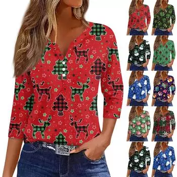 Женская модная повседневная футболка с пуговицами, V-образным вырезом, семью рукавами и рождественским принтом L чёрный